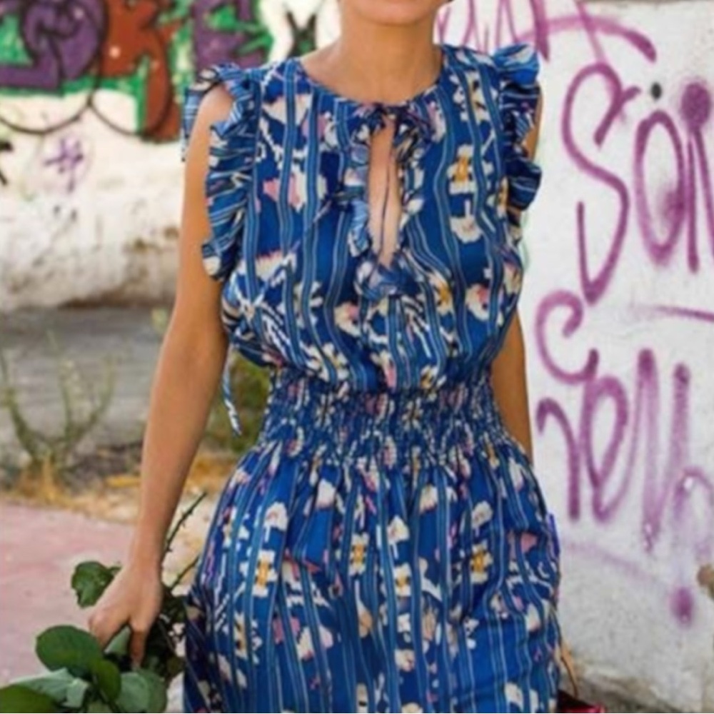 Lauren Moffatt | Dress | Size 4 | 100% Silk | Blue Pattern | Ruffles | $125